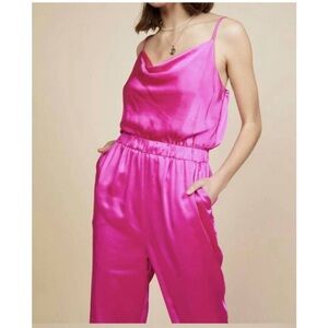 Skies are Blue Cowl Neck Satin Jumpsuit- hot pink, Medium